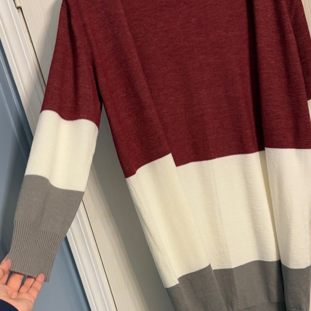 Pink Lily Colorblock Cardigan in Burgundy, Cream, and Gray - Picture 3 of 7